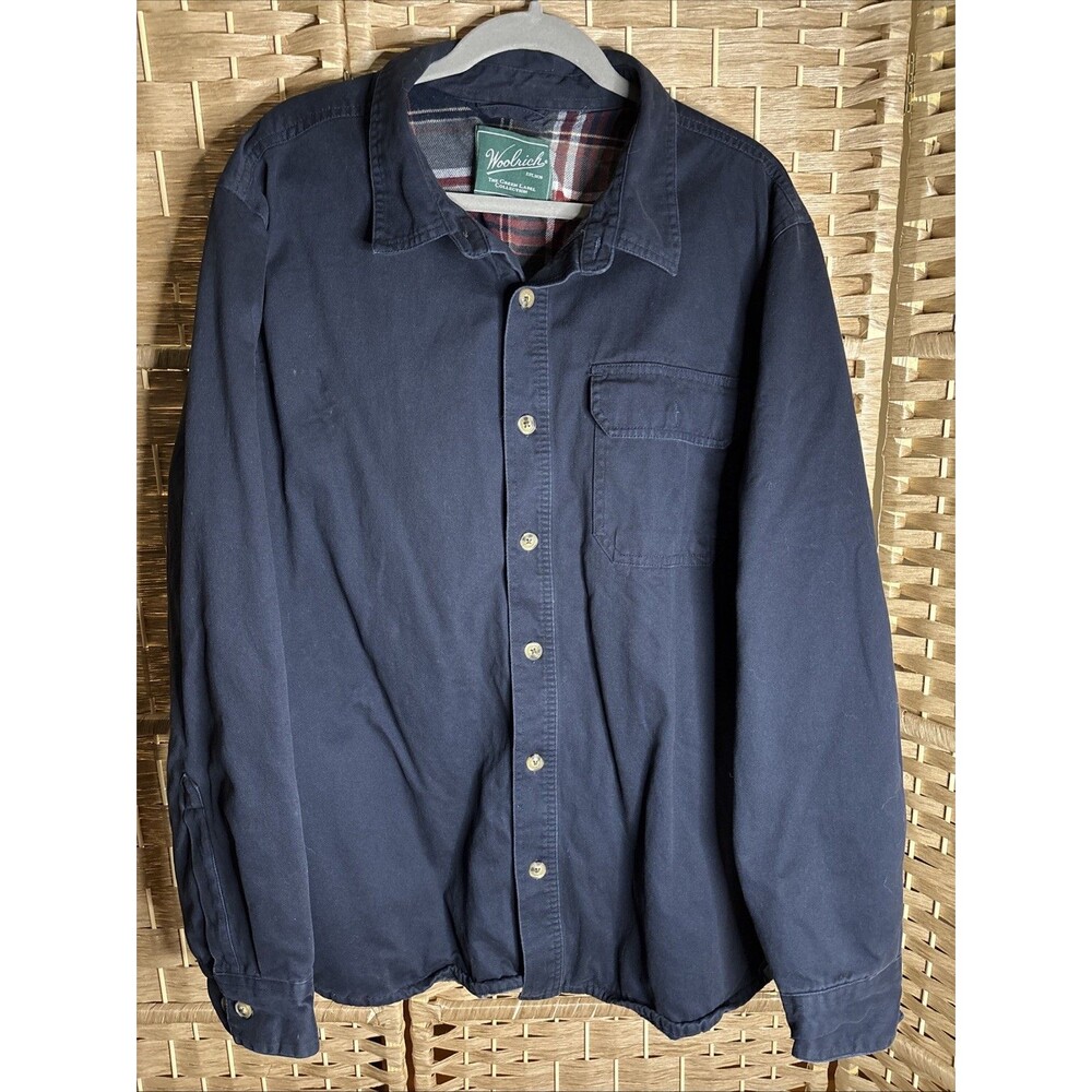 Woolrich Mens XL Navy Blue Plaid Lined Cotton Twill Shirt Jacket Green Label